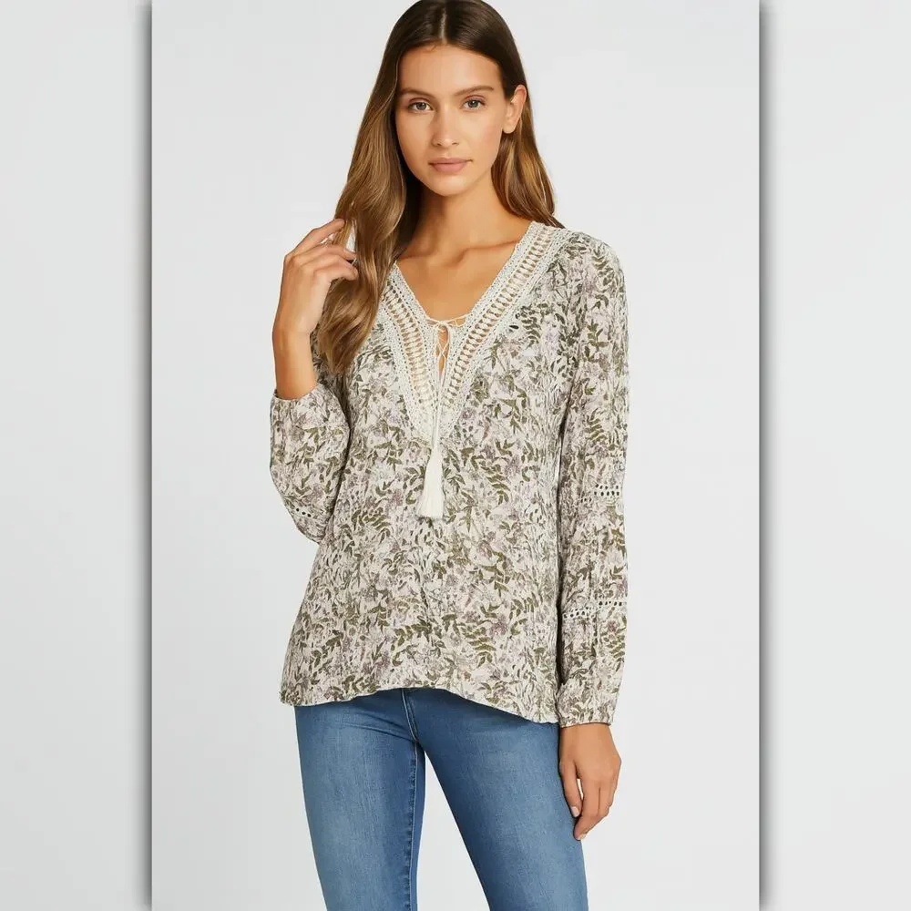 A485 • Boho Floral Lace Trim Long Sleeve Top